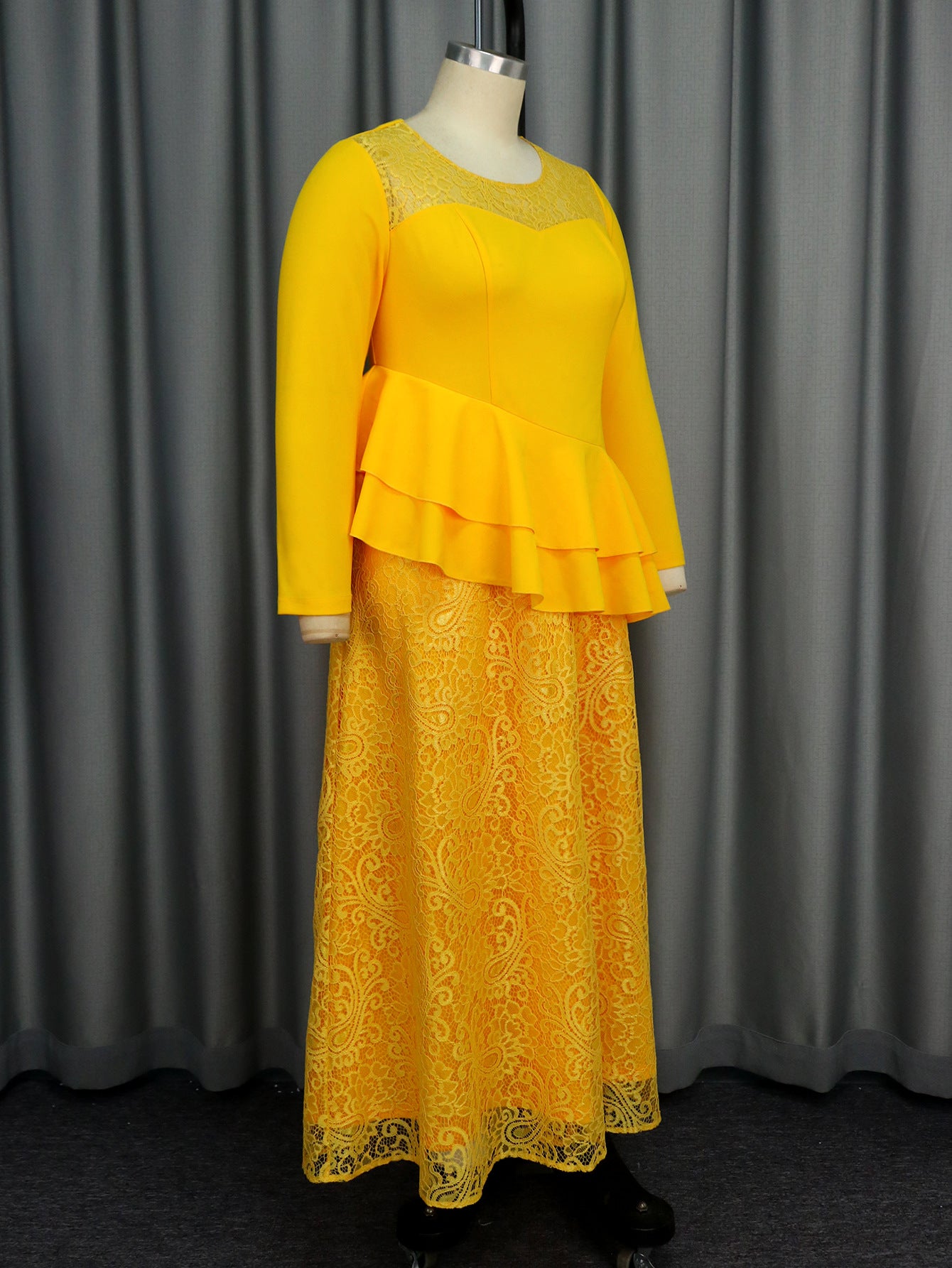 See-Through Round Neck Long-Sleeved Lace Ruffle Formal Party Dress 5