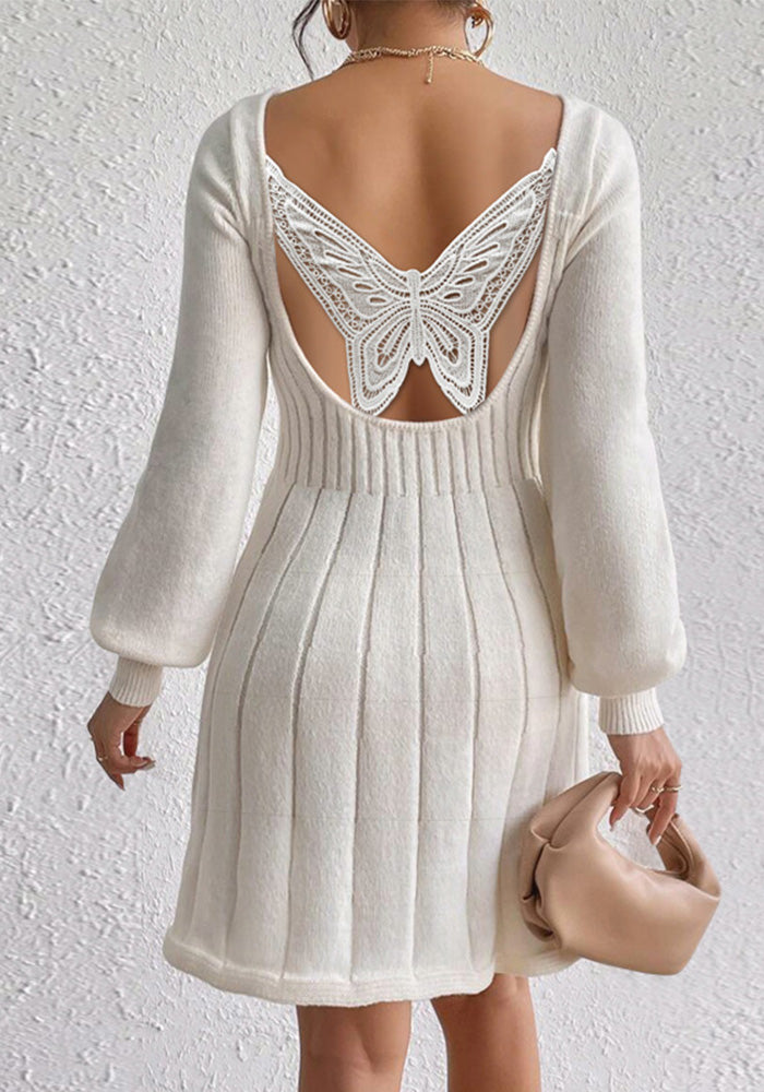 Women Butterfly U-Neck Long Sleeve Sweater Dress