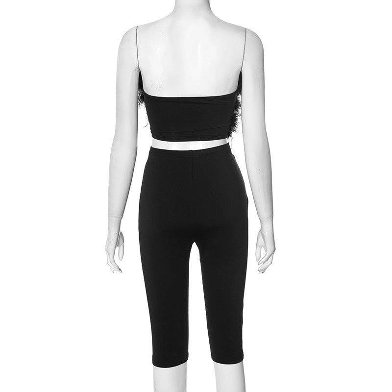 Women Spring/Summer furry sexy strapless crop top solid cropped pants two-piece set 5