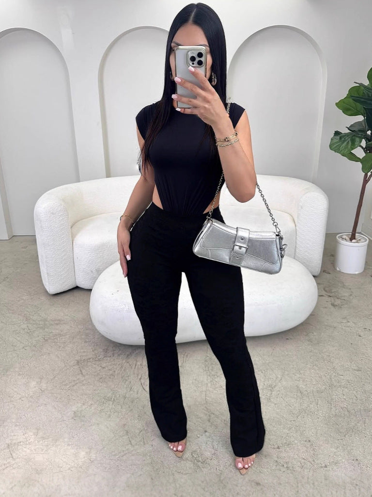 Women's Round Neck Sleeveless Side Cut-Out Black Bodysuit Top & Tight Fitting Pants Two-Piece Set 4