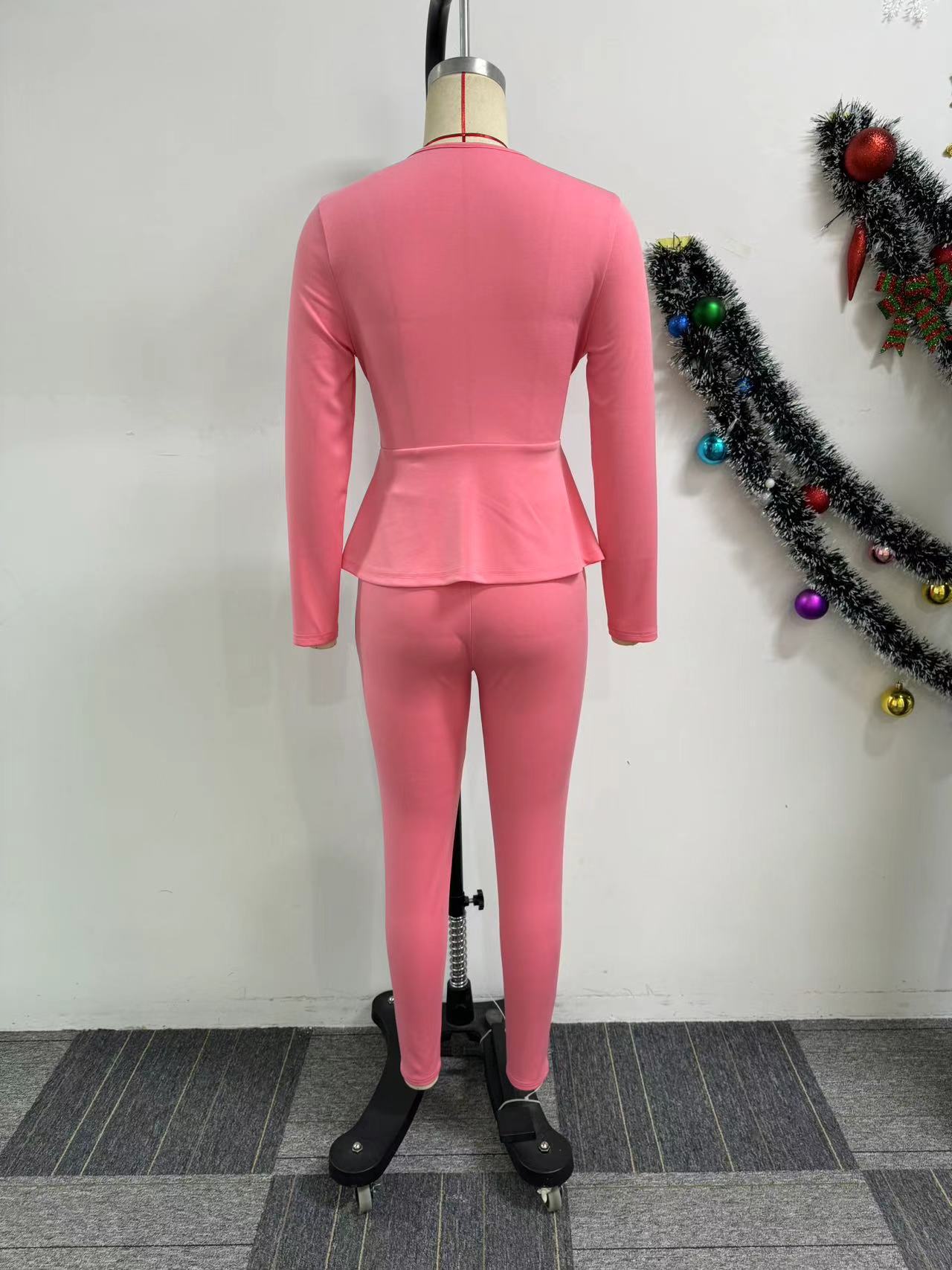 Solid Color V-Neck Slim Waist Long-Sleeved Pants Set 9