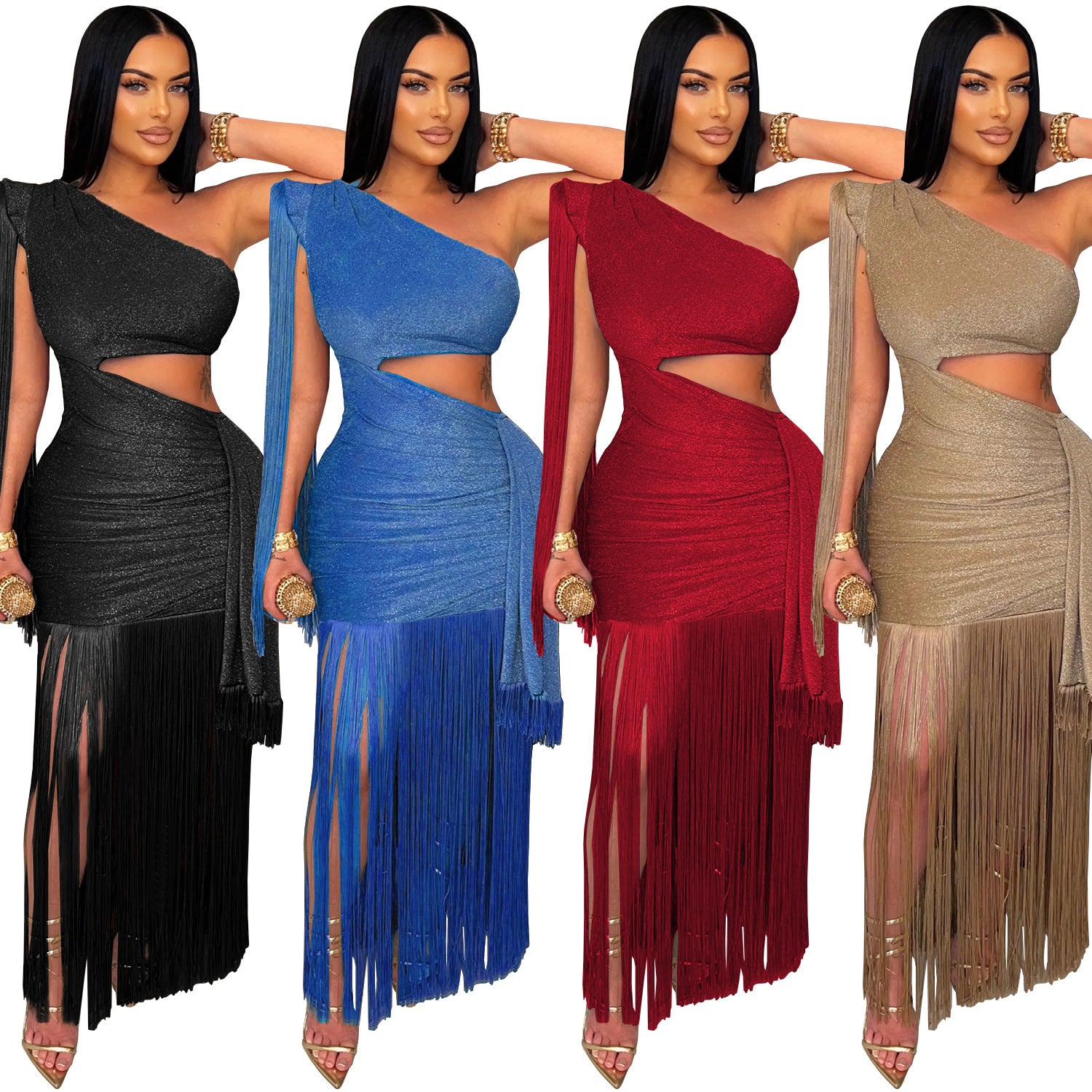 Fashion Women's Sexy Casual One-Shoulder Tassel Maxi Dress 9