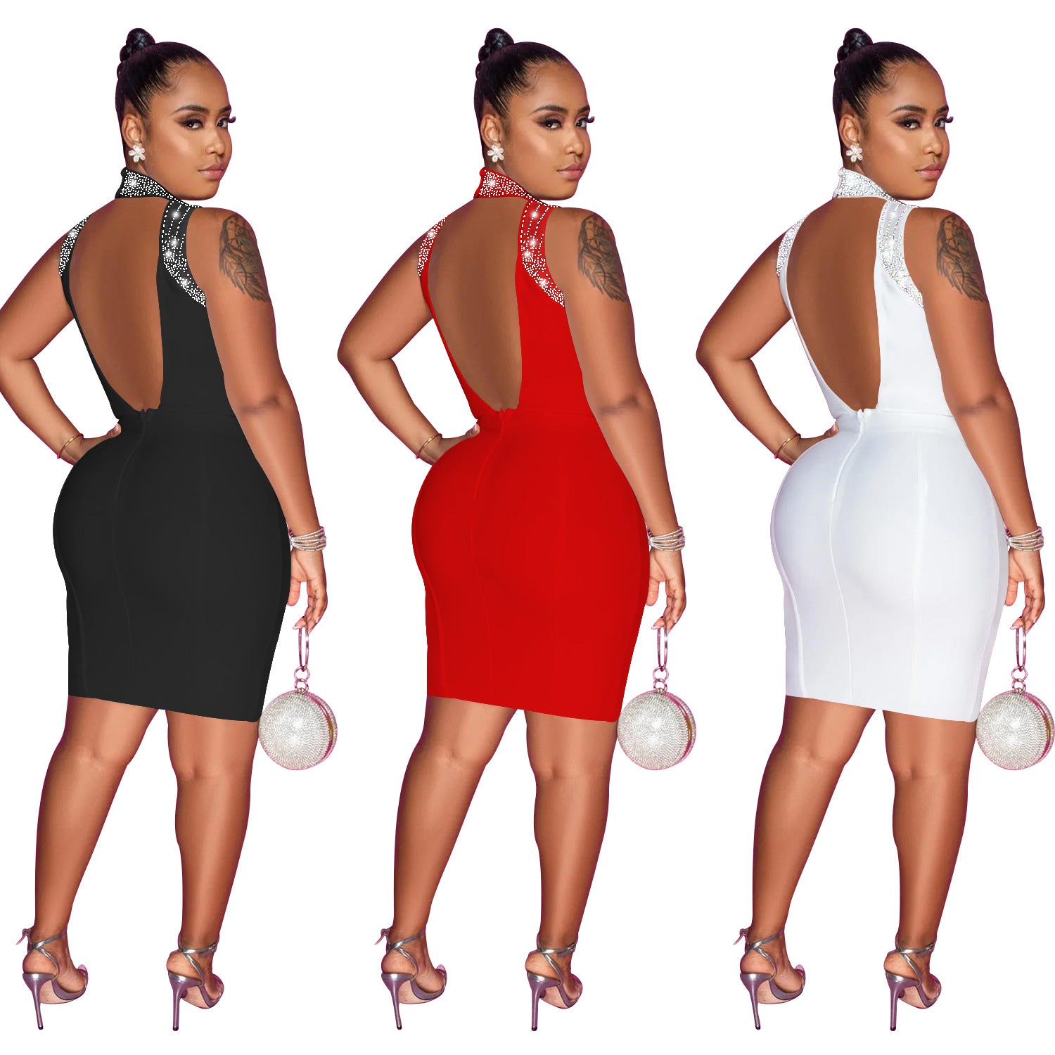 Women'S Fashion Solid Beaded Mesh See-Through Sleeveless Backless Club Bodycon Dress 8