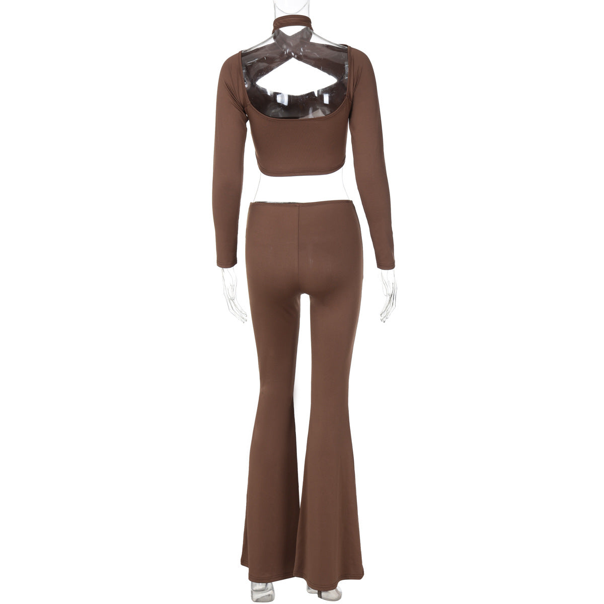 Women's Autumn Long Sleeve Halter Neck Top Pleated Slim Bell Bottom Trousers Fashion Sports Two Piece Set 7