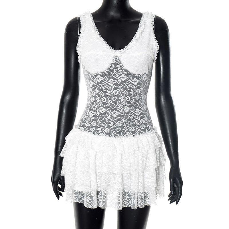 Summer women's straps transparent lace multi-layer ruffle dress 7