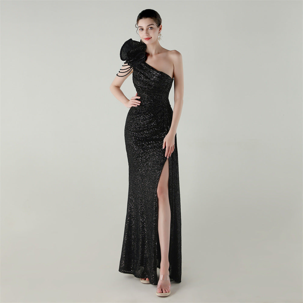 Women flower beaded one-shoulder Slash Shoulder fishtail evening dress 16