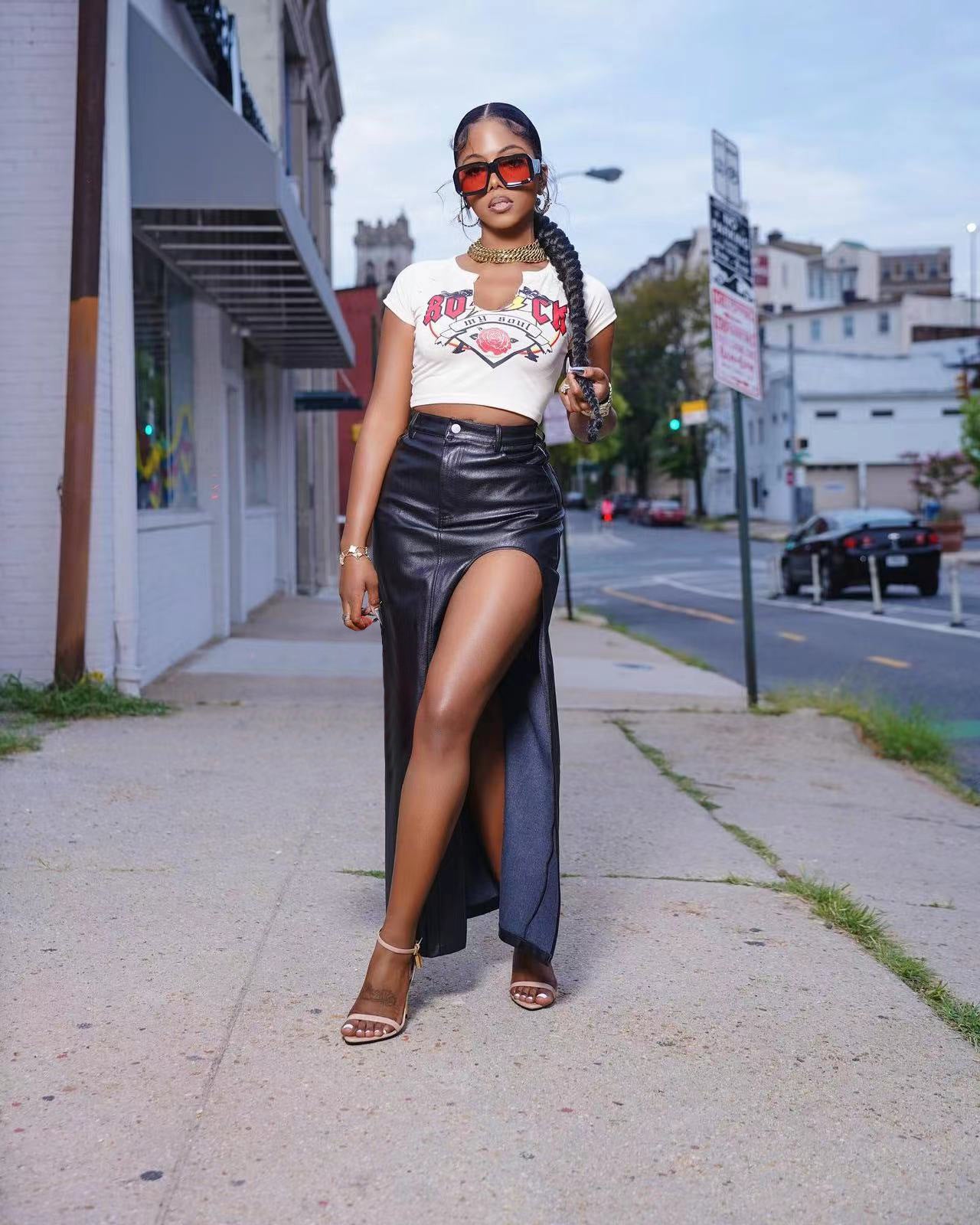 Women's high slit PU leather long skirt 4