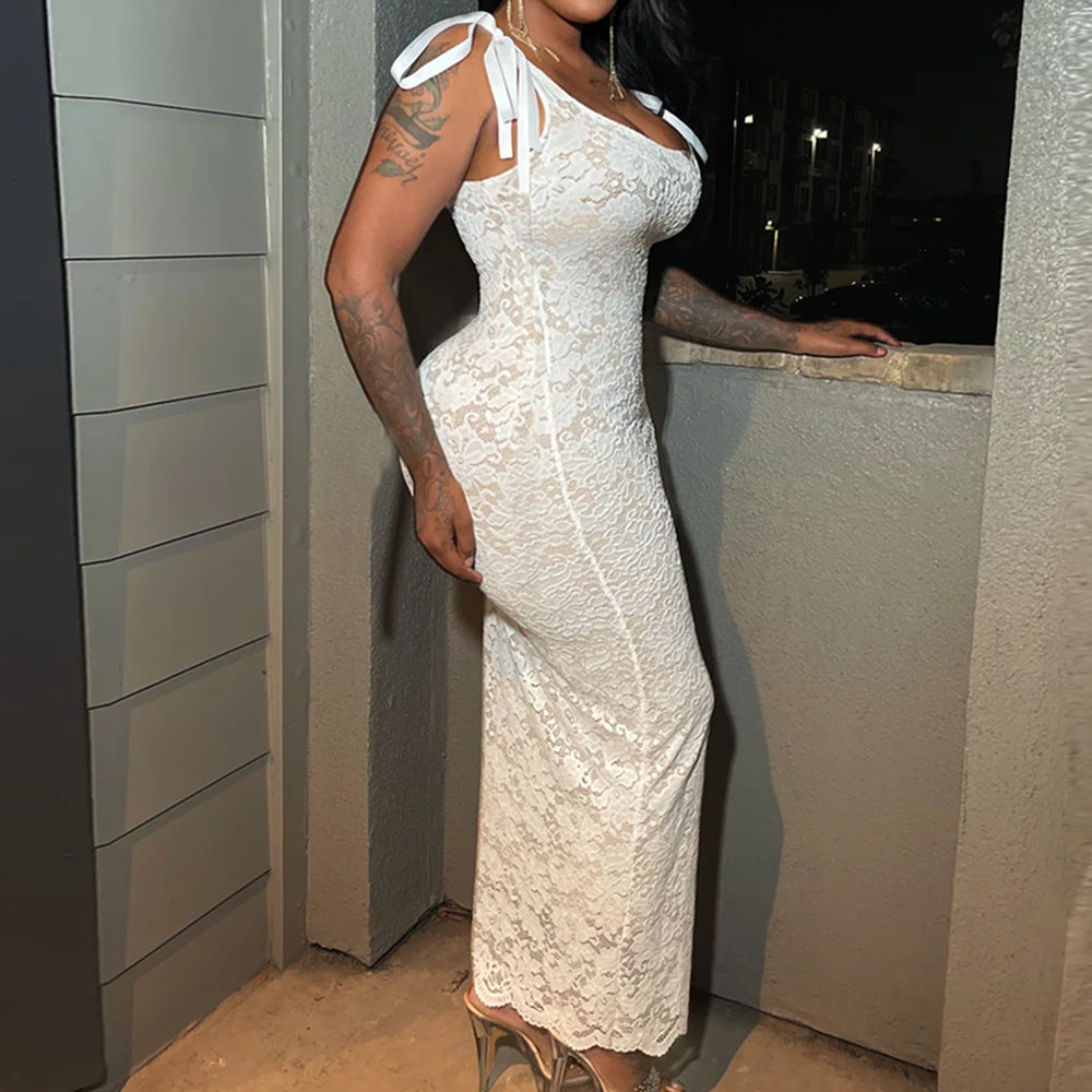 Women's Spring Summer Lace-Up Bowknot Strap Sexy Low Back Lace Double Layer Long Dress 5