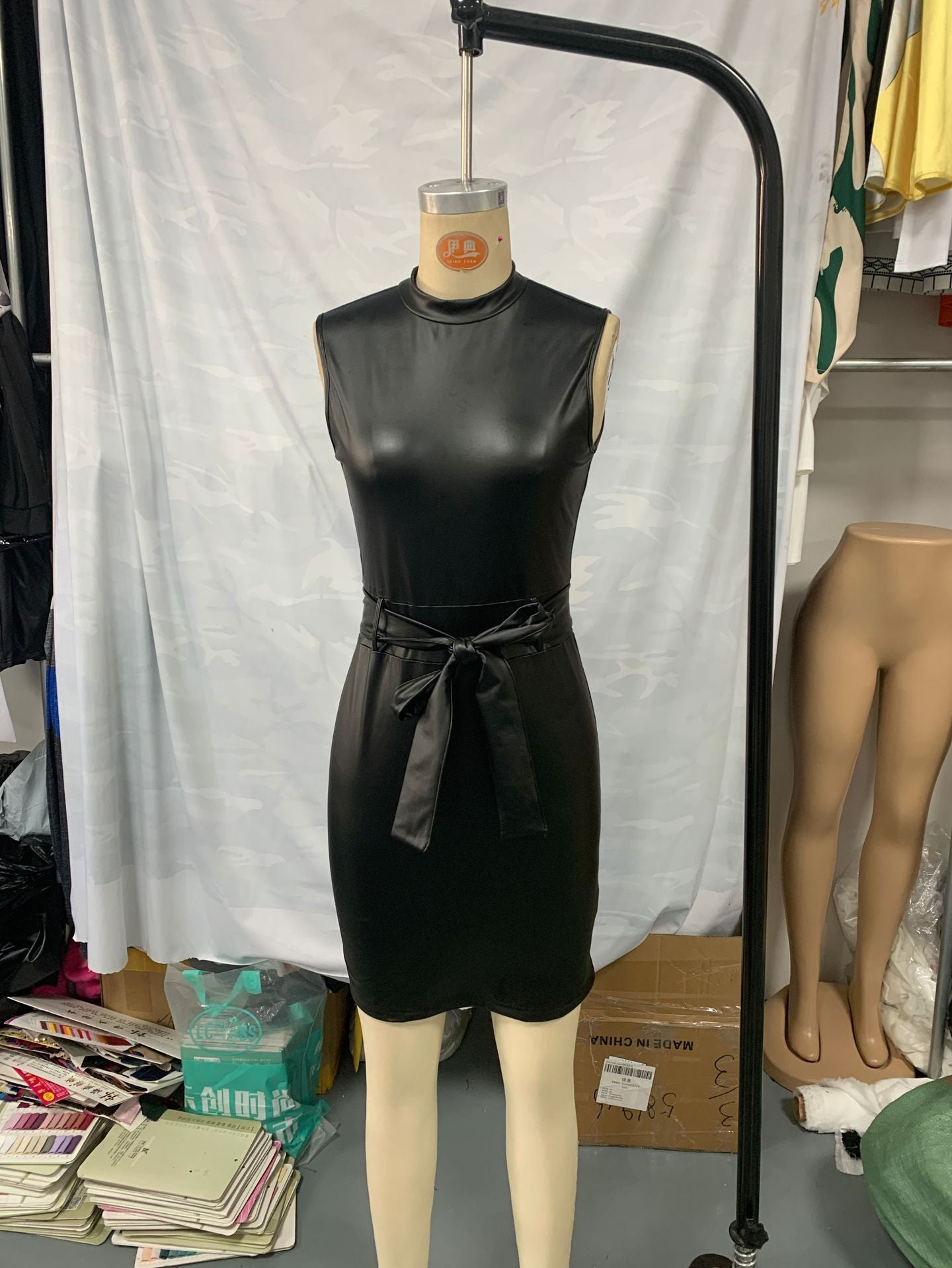 Women Casual Pu-Leather drawstring Bodycon dress 5