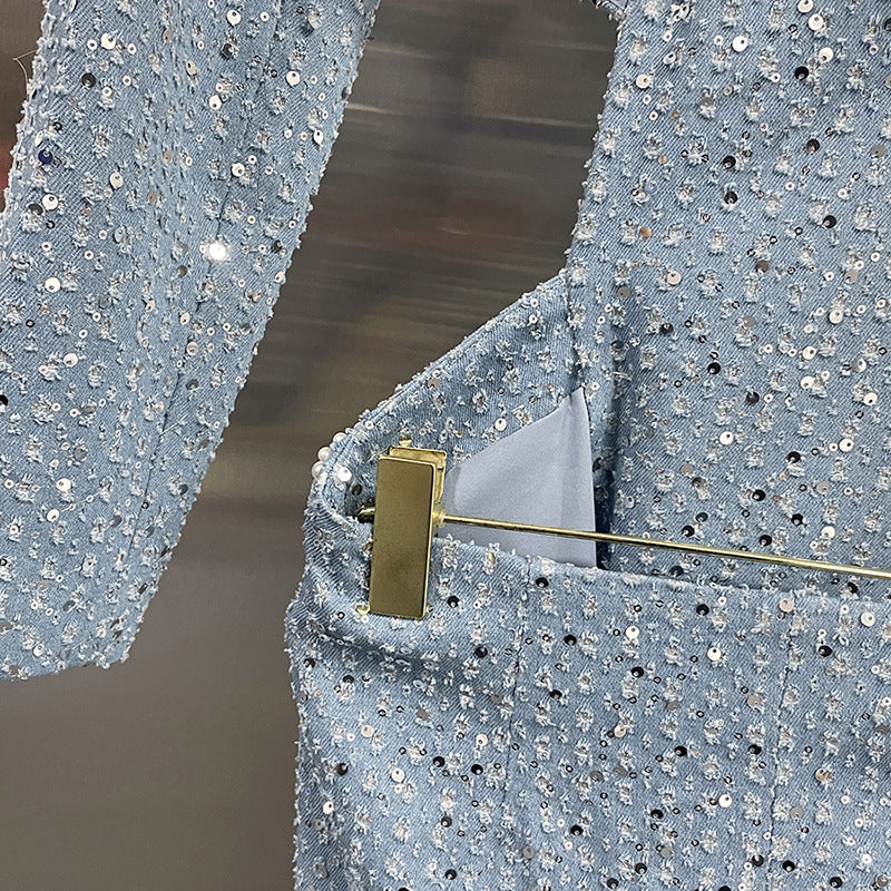 Women Sexy Open Waist Beaded Long Sleeve Blazer Dress 7