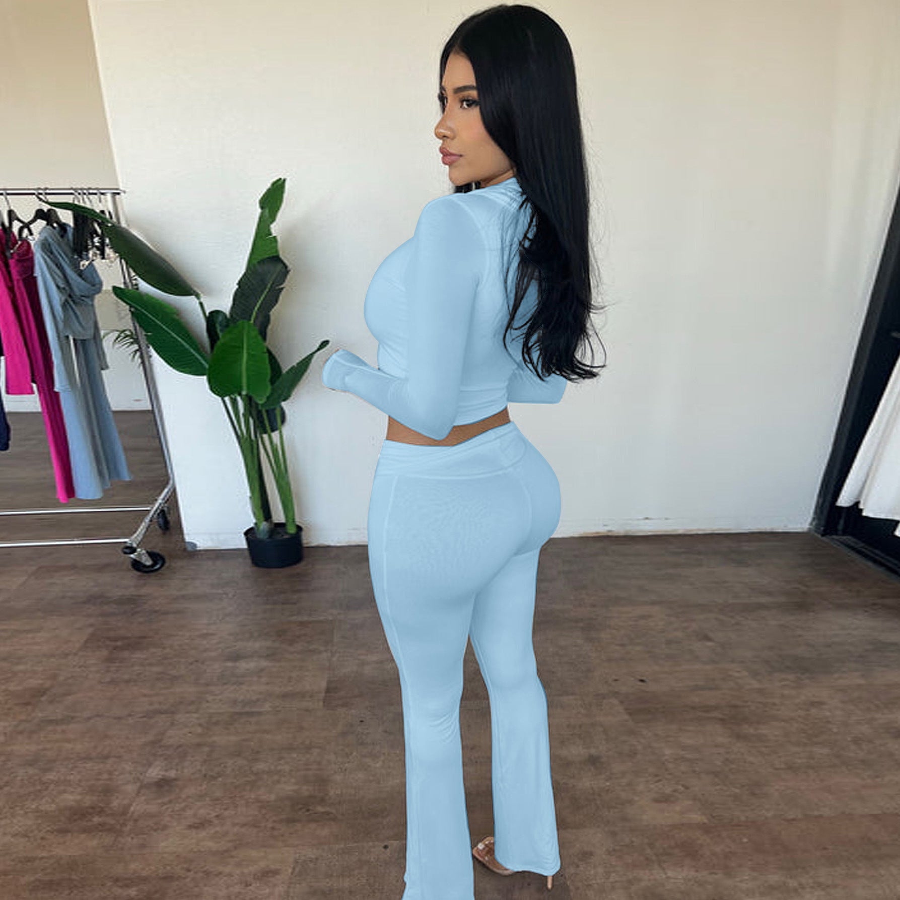 Women's autumn and winter zipper long sleeve hooded top Bell Bottom pants fashion Casual two piece set 11