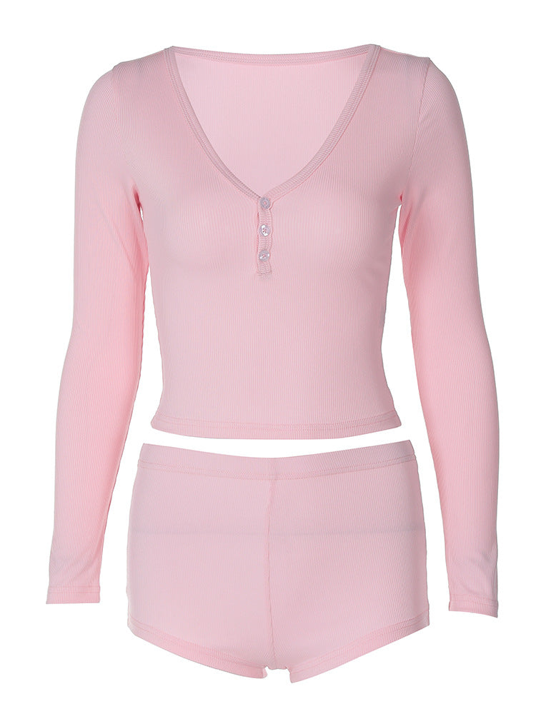 Women's Sexy V-Neck Tight Fitting Long-Sleeved Top Fashionable Sports Style Shorts Two-Piece Set 8