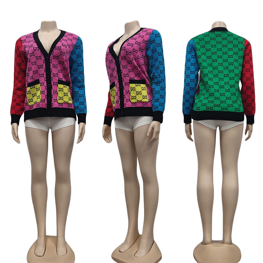 Women's Rainbow Color Block Slim Fit Knitting Cardigan Sweater Coat 9