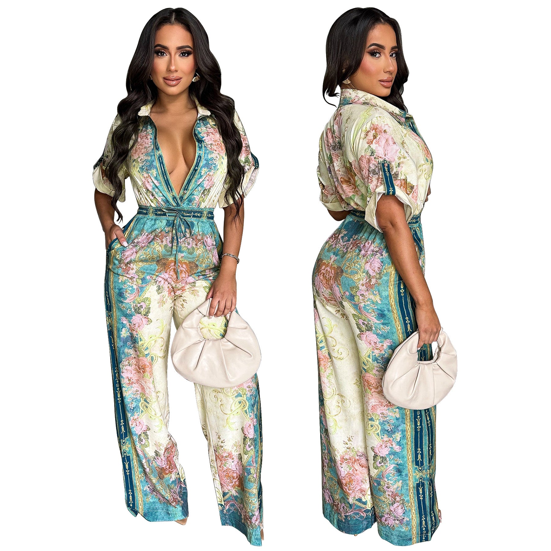 Women's Sexy V-Neck Retro Print Short Sleeve Jumpsuit 4