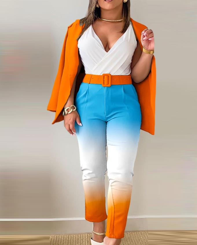 Women Printed Casual Blazer and Pant Two-Piece Set with Belt 13