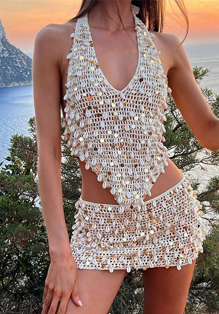 Halter Neck Two-Piece Summer Women's Sexy Low-Back Skirt Set with Shell Decor