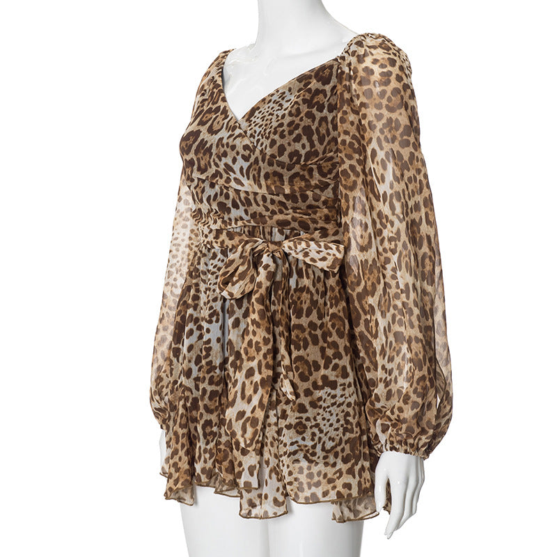 Women Summer Solid Casual Mesh Long Sleeve Lace-Up Backless Mini Dress 19