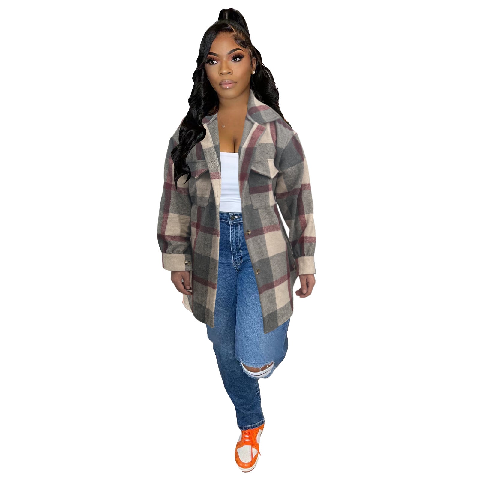 Women Autumn and Winter Loose Plaid Shirt 3