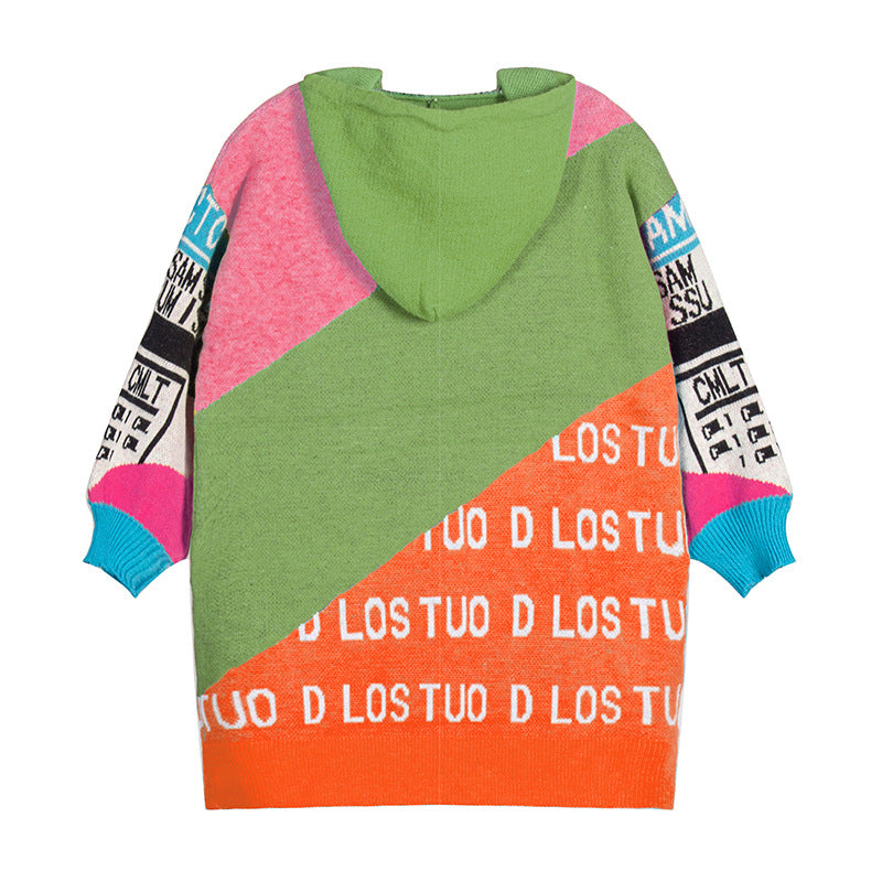 Women Autumn and Winter Hooded Drawstring Long Sleeve Color Block Letter Loose Sweater 10