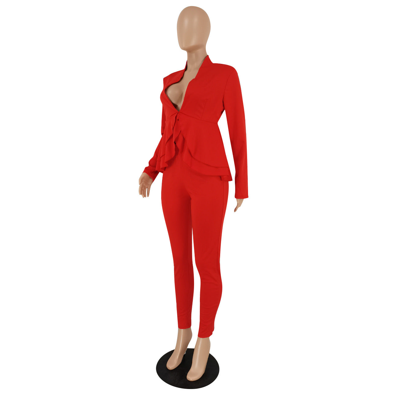 Women'S Solid Color Ruffled Deep V Top And Trousers Two-Piece Suit 11