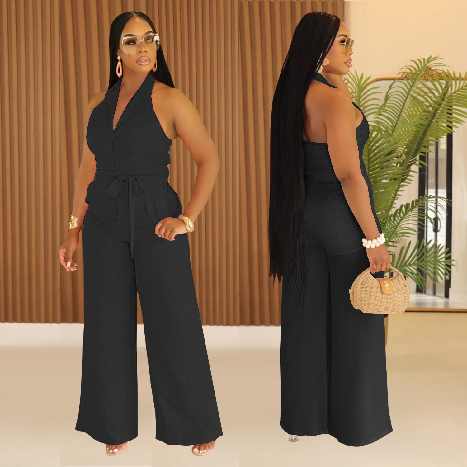 Women Summer Casual Solid V-neck Backless Jumpsuit 3