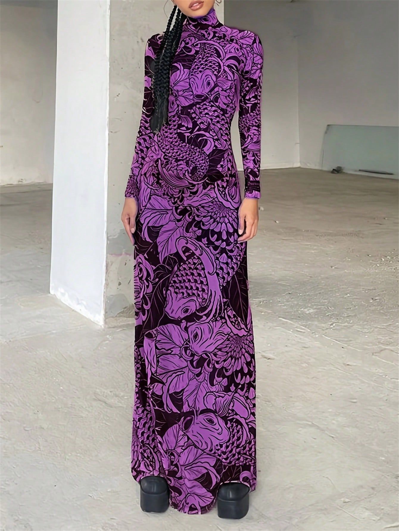 Women's Autumn Fashion Mesh Print See-Through High Neck Slim Fit Dress 4