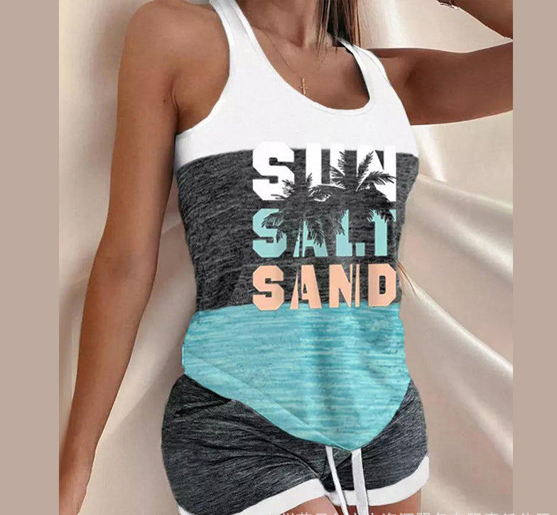 Women Camouflage Anchor Letter Print Top and Drawstring Waist Shorts Two-piece Set