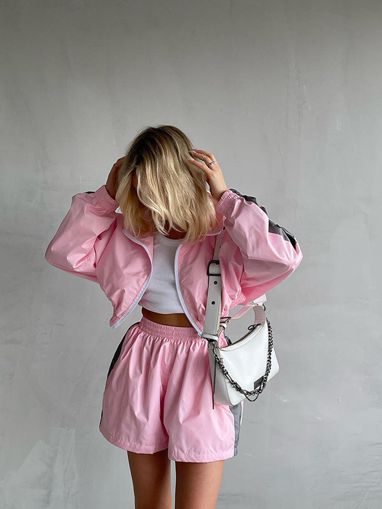 Fashion Women's Long Sleeve Zipper Sports Jacket and Shorts Two Piece Set Casual Sportswear 4