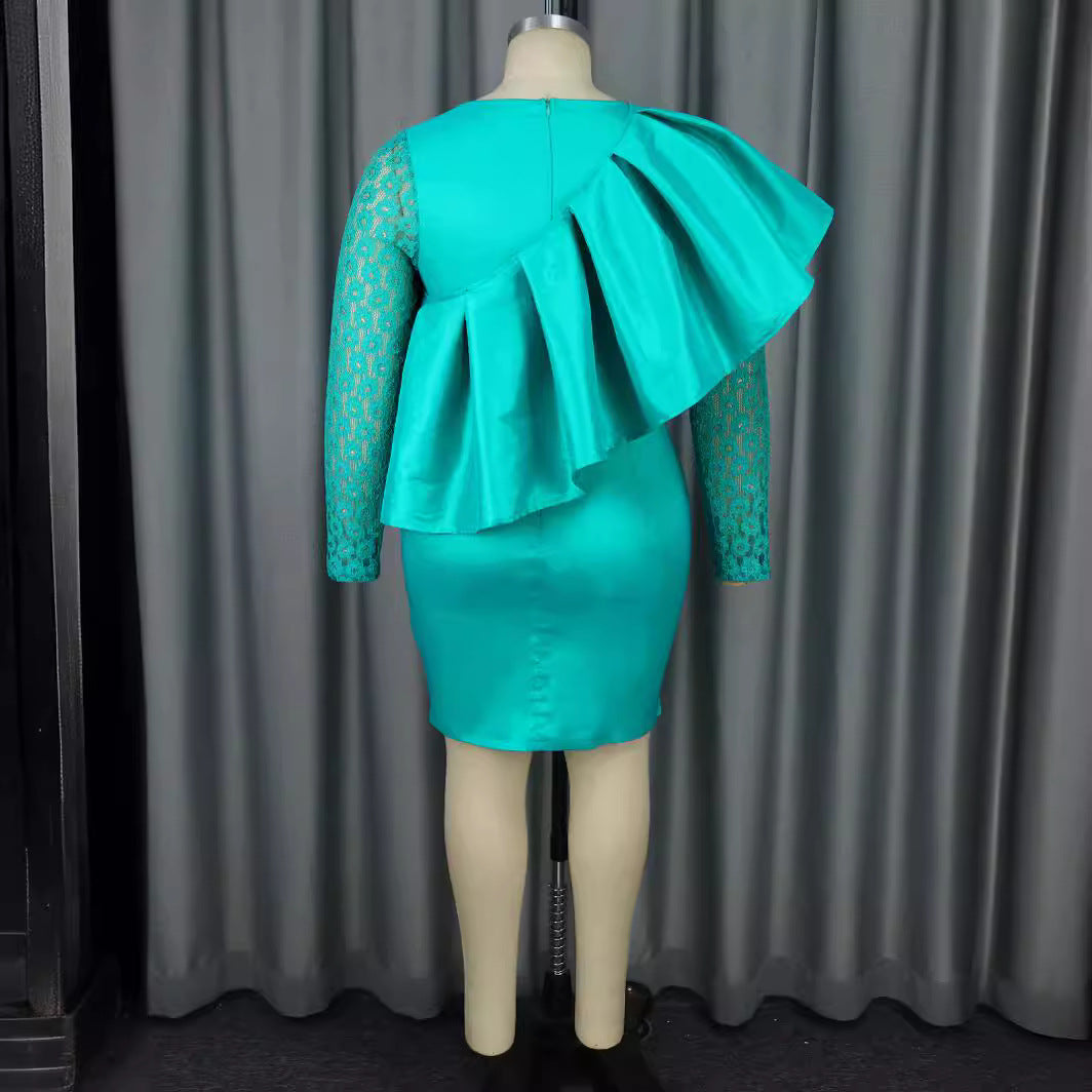 Women Elegant Lace Sleeve Formal Party Party Ruffle Dress 4