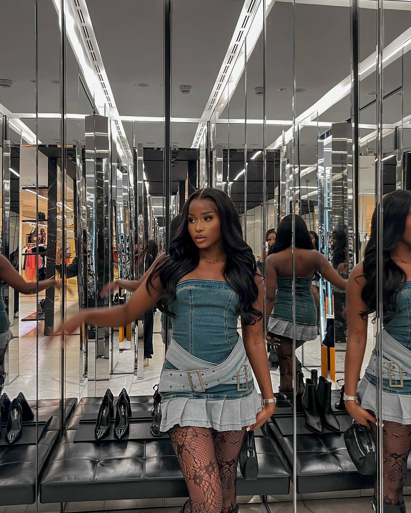 Women Strapless Pleated Stretch Denim Skirt 6