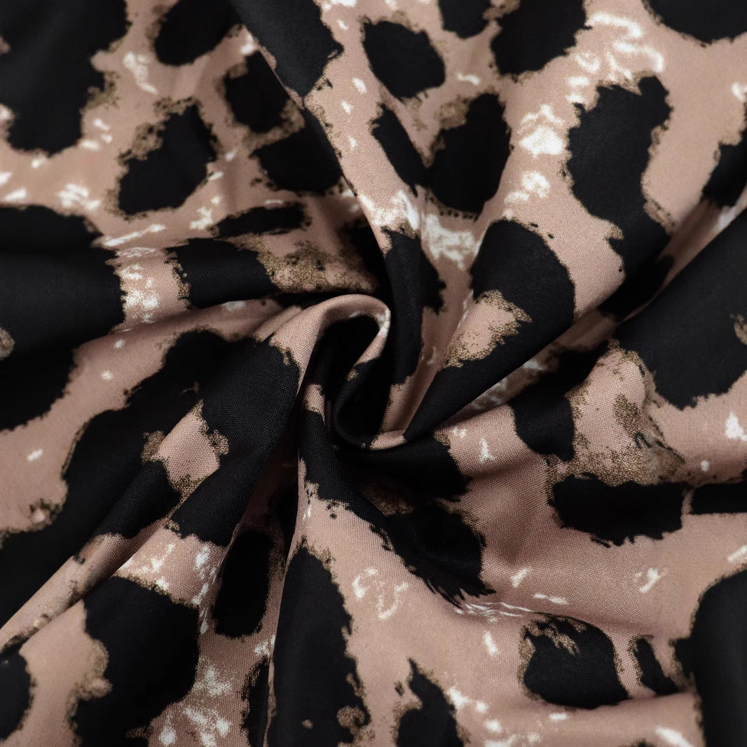 Women Pleated Leopard Round Neck Short Sleeve Dress 5