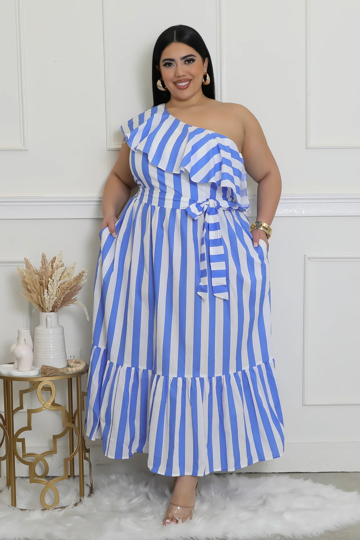 Women Striped Slash Shoulder Dress 11