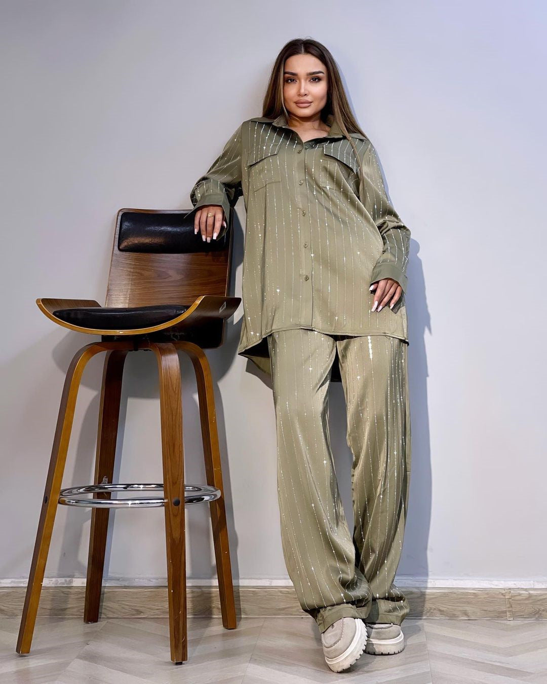 Women's Spring Fashion Loose Plus Size Printed Shirt Wide Leg Pants Casual Suit