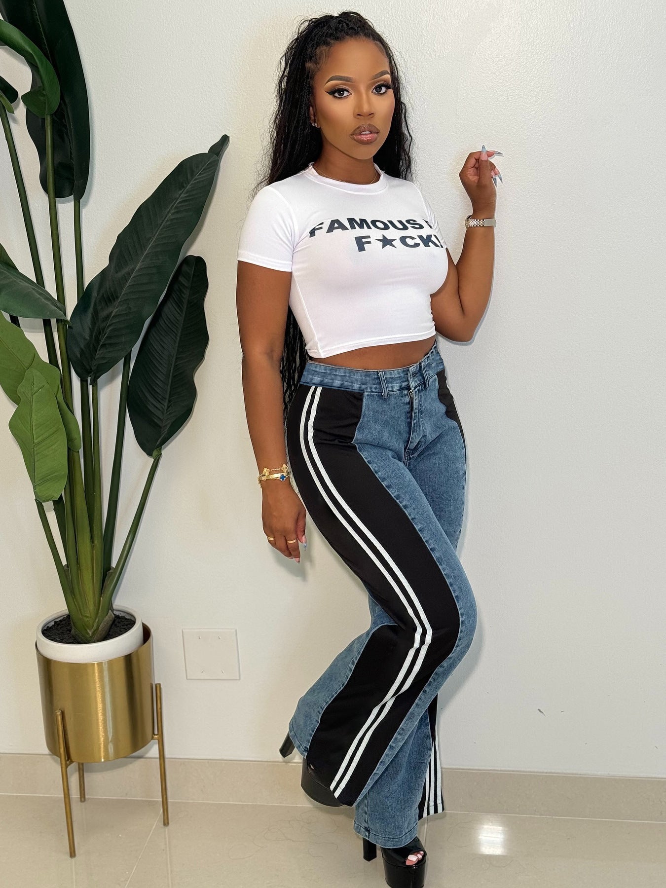 Fashion Patchwork Striped Wide-Leg High-Waist Straight Casual Women's Denim Pants