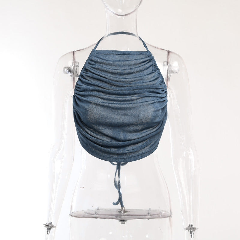 Autumn Solid Color Halter Neck Slim Fit Slim Pleated Low Back Top Skirt Women's Clothing 6