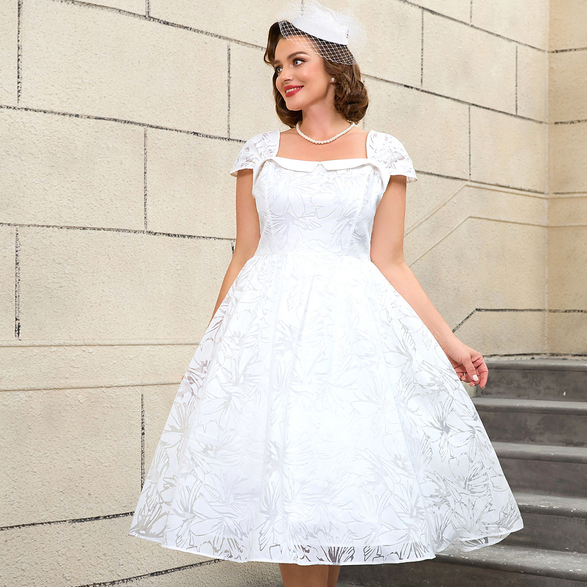 Plus Size Wedding Jacquard White Square-Neck High-Waist A-Line Elegant Wedding Dress 9