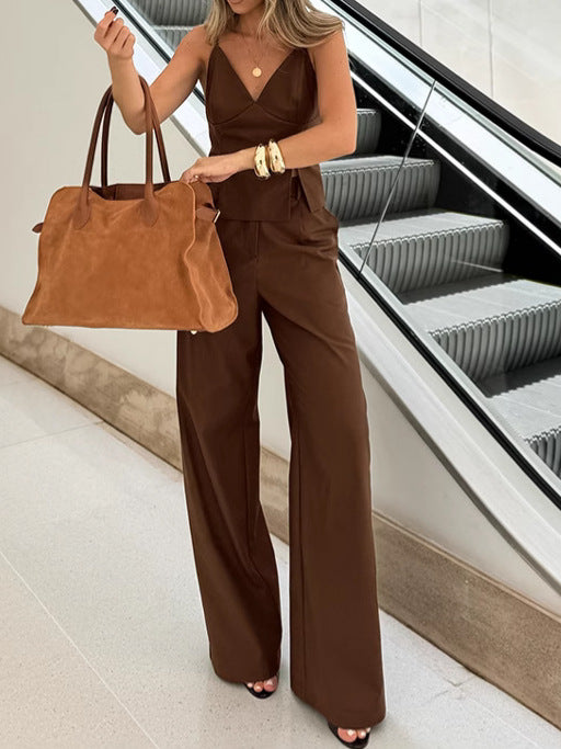Women Brown Sleeveless Suspender V-Neck Slit Tank Top Long Pants Two-piece Set 4