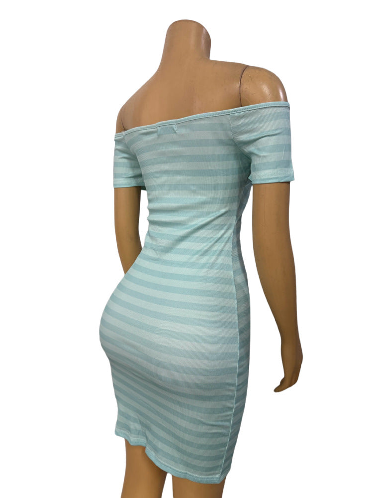 Women striped short-sleeved printed Off Shoulder sexy Bodycon dress 5