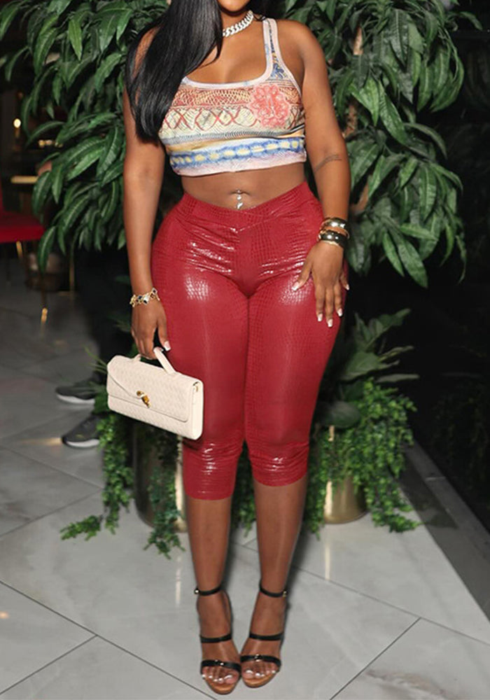 Women Spring and Summer Casual Snake Pattern Solid Cross Cropped Pants