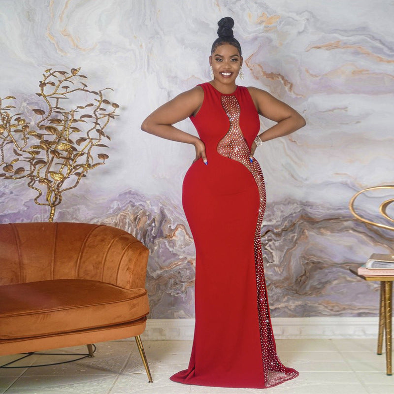 Women Sexy Sleeveless Combination Rhinestone Perspective Evening Dress 7