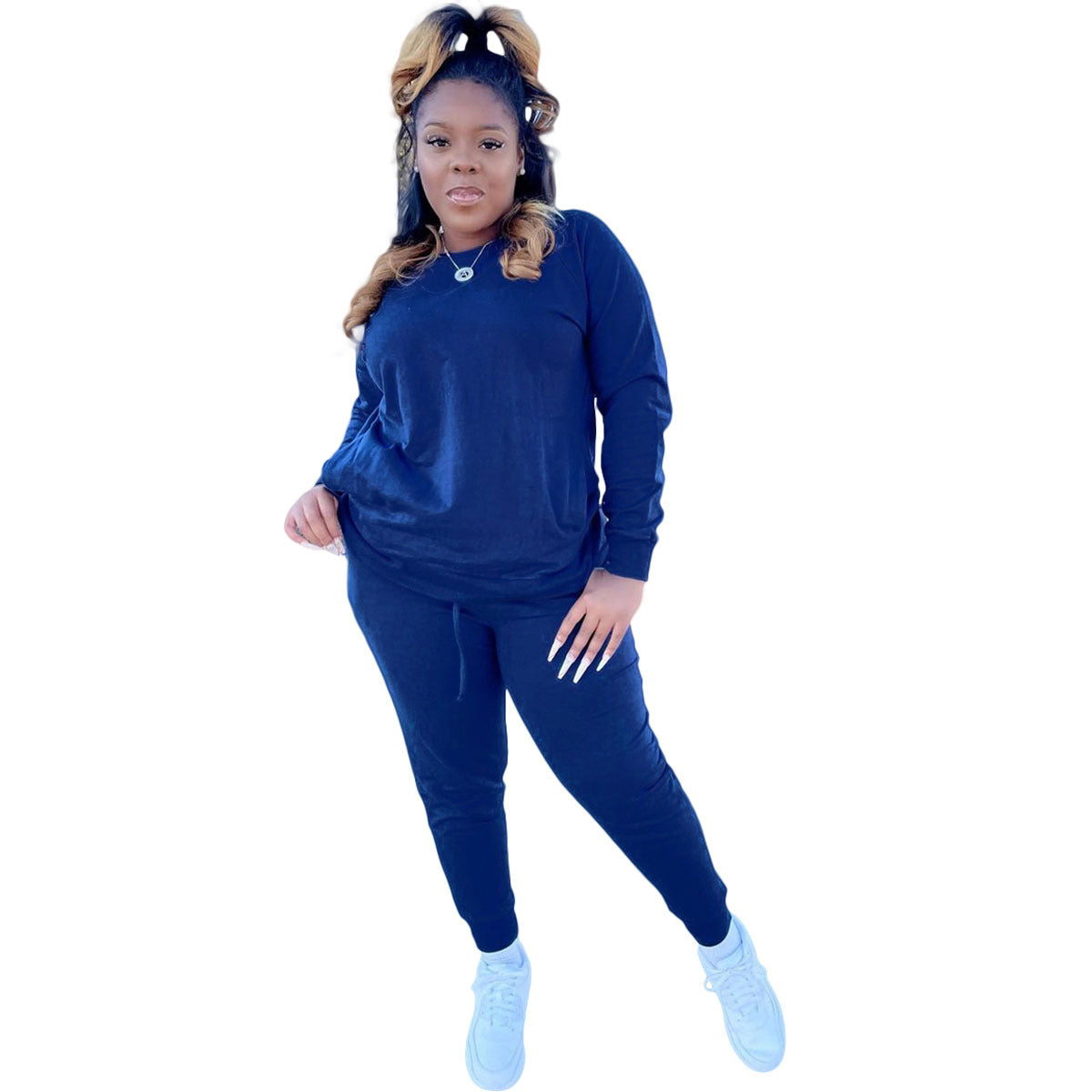 Women's Autumn winter solid color cotton drawstring pocket sports longs leeve two-piece pants set 14