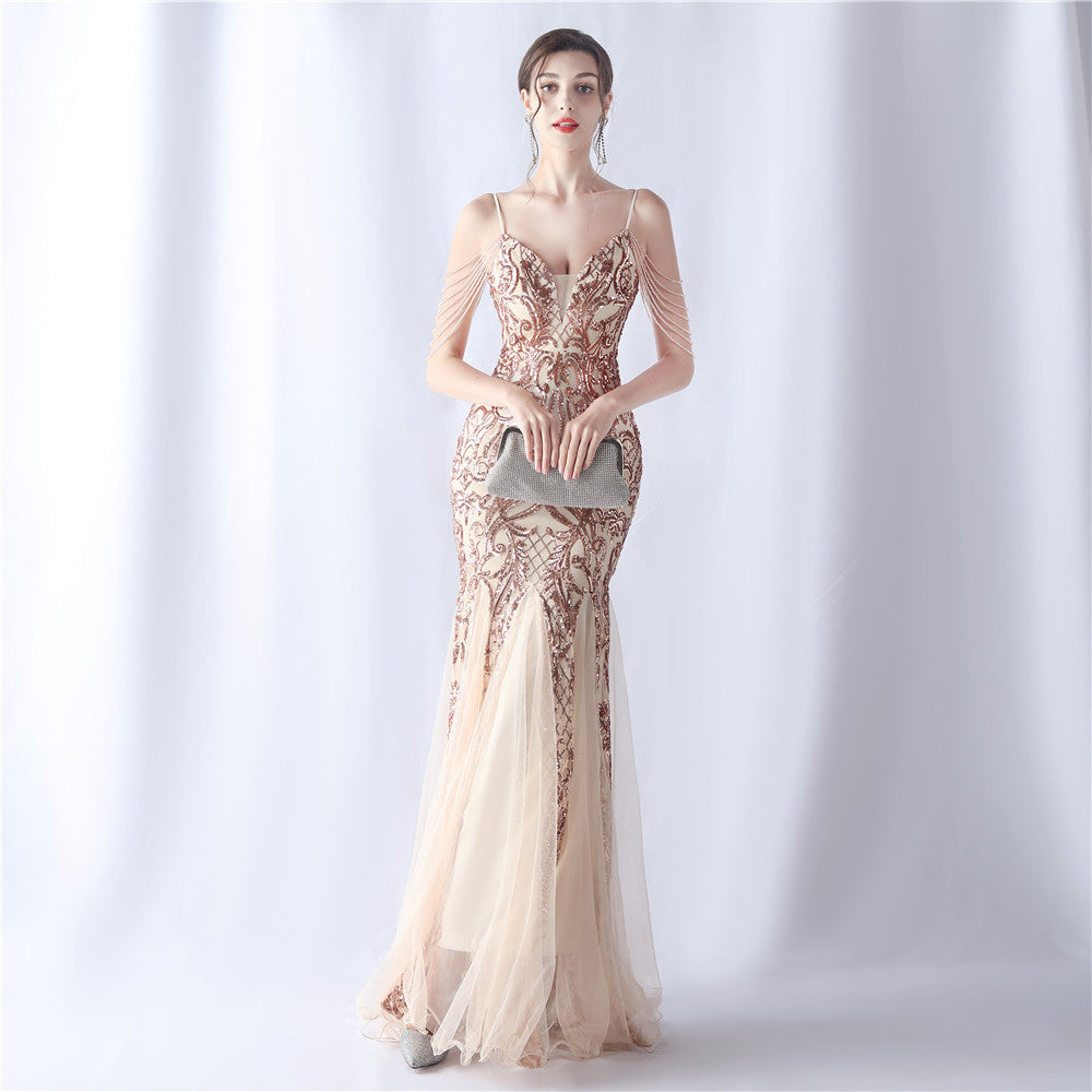 Women beaded mesh evening dress