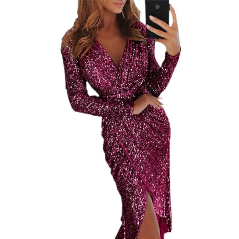 Women Shiny long-sleeved V-neck sparkling evening sexy dress 14