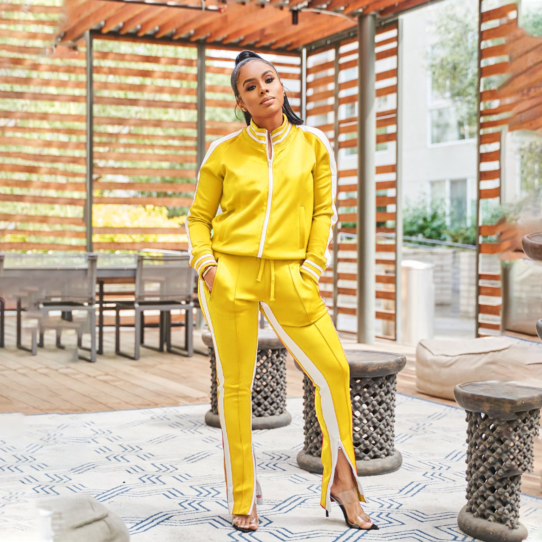 Women Off Shoulder Zipper Long Sleeve Top and Pant Sport Two-Piece Set 15