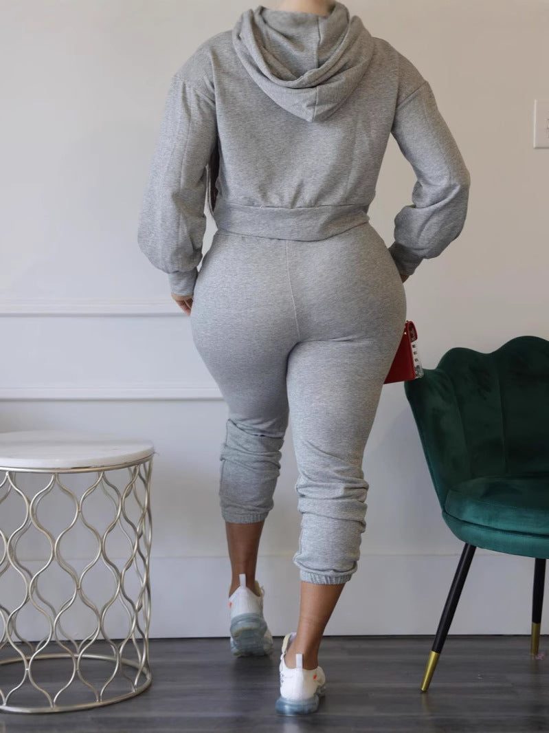 Women's Solid Color Hong Sleeve Hollow Hoodies Sweatpants Two-Piece Set 4