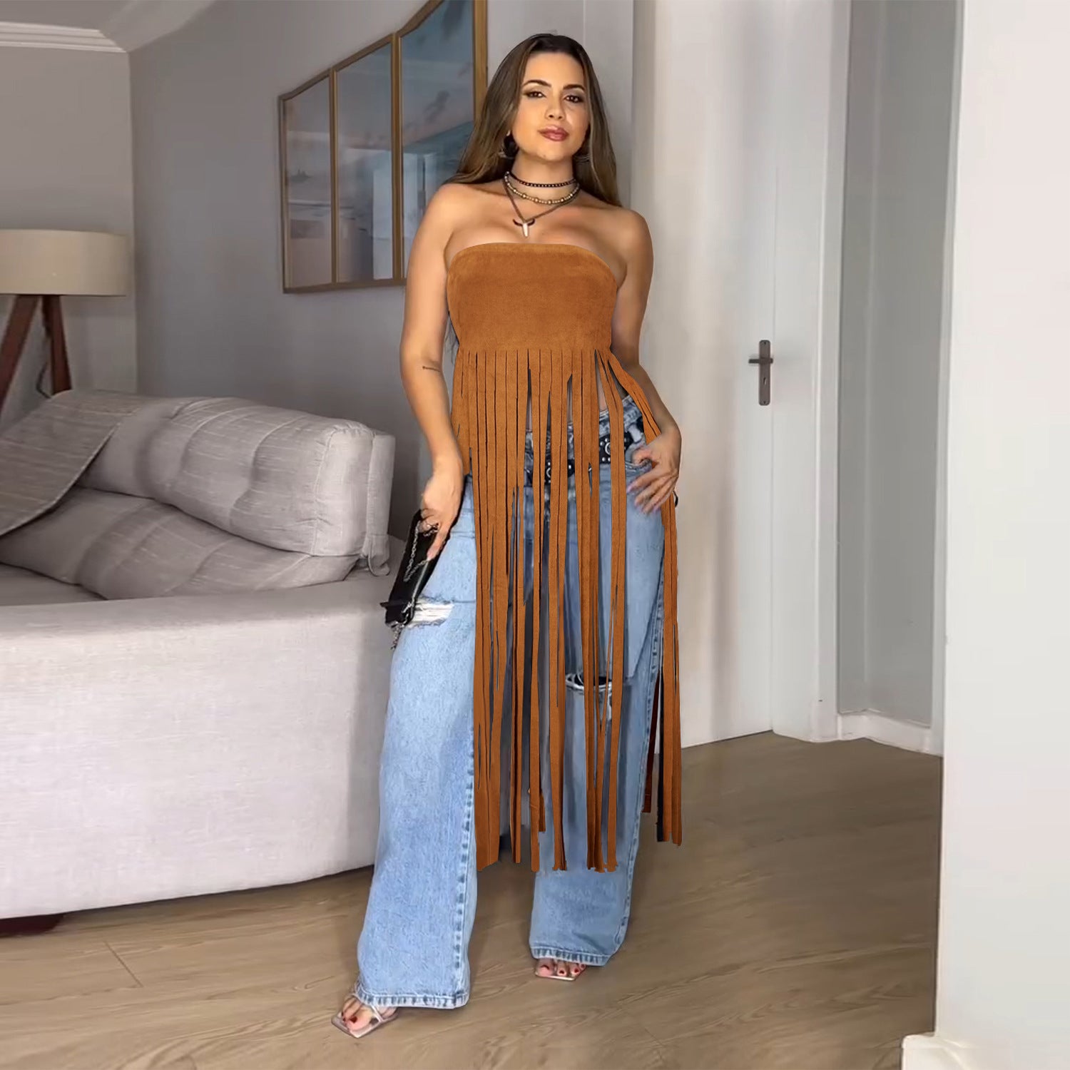 Women Sexy Suede Strapless Solid Fringe Dress 5