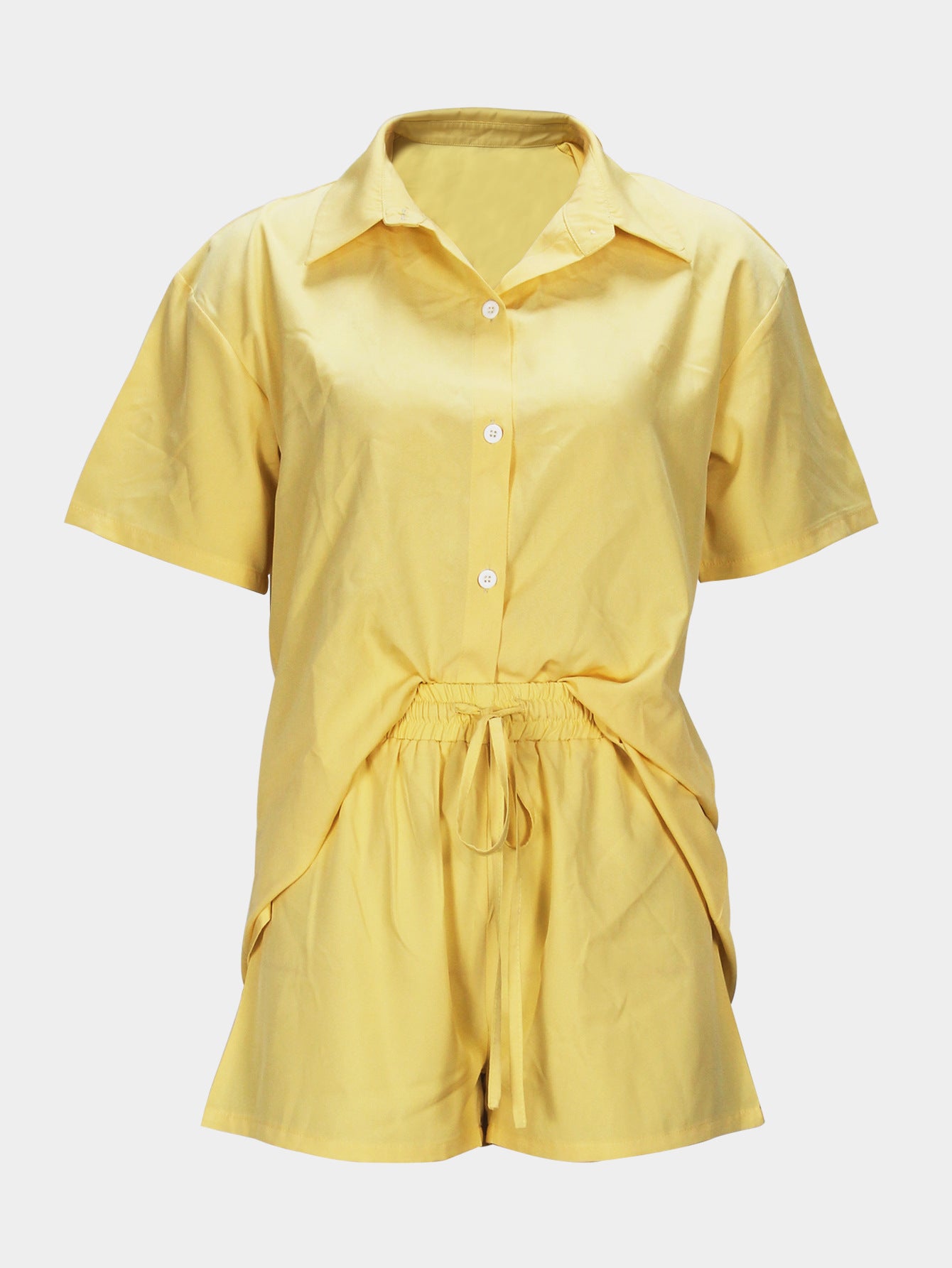 Women's Casual Fashion Short Sleeve Turndown Collar Shirt Elastic Waist Shorts Set