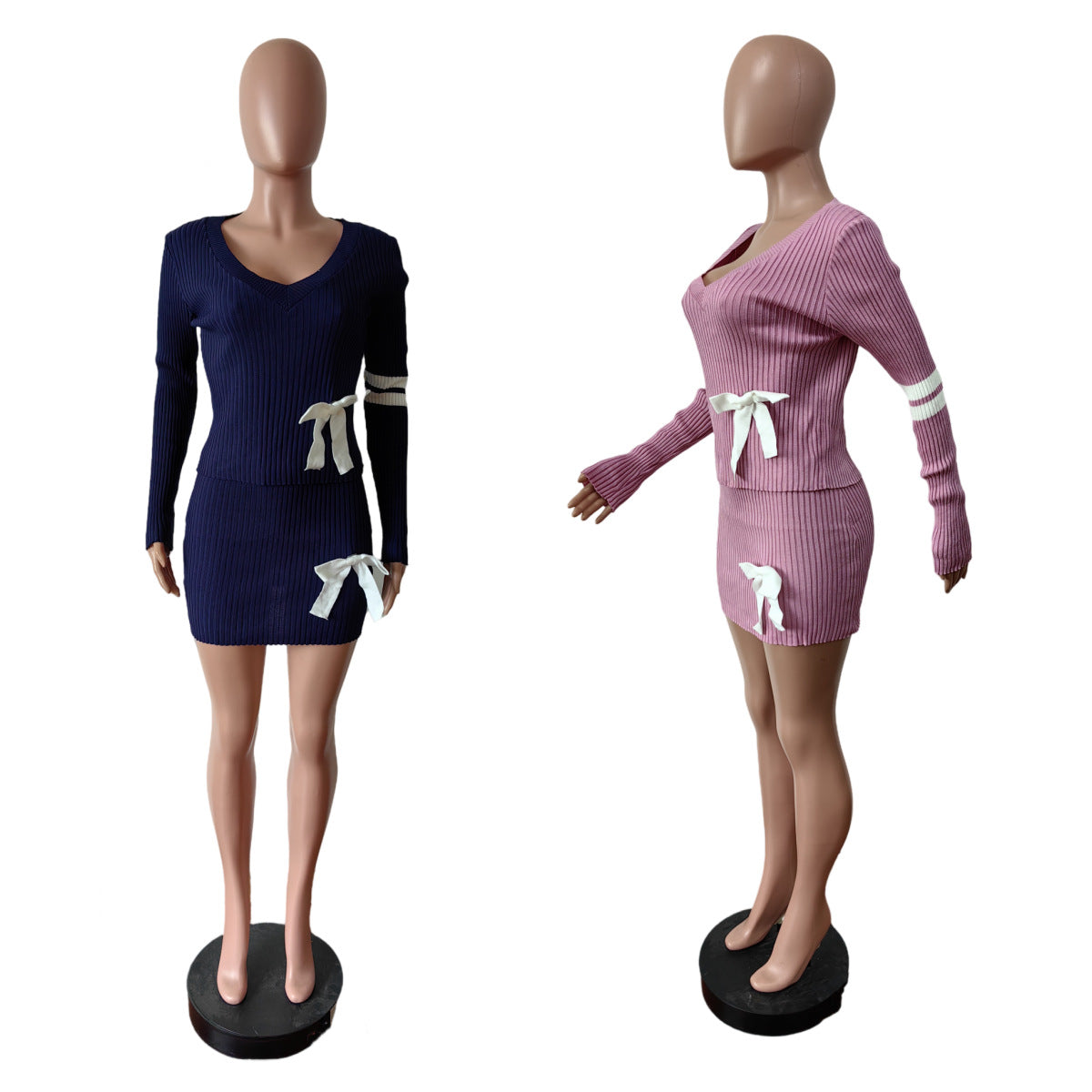 Women Casual Bowknot V-neck Sweater And Skirt Two Piece Set 14