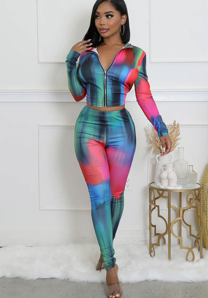 Fashionable Autumn Print Zipper Long Sleeve Slim Fit Two-Piece Pants Set