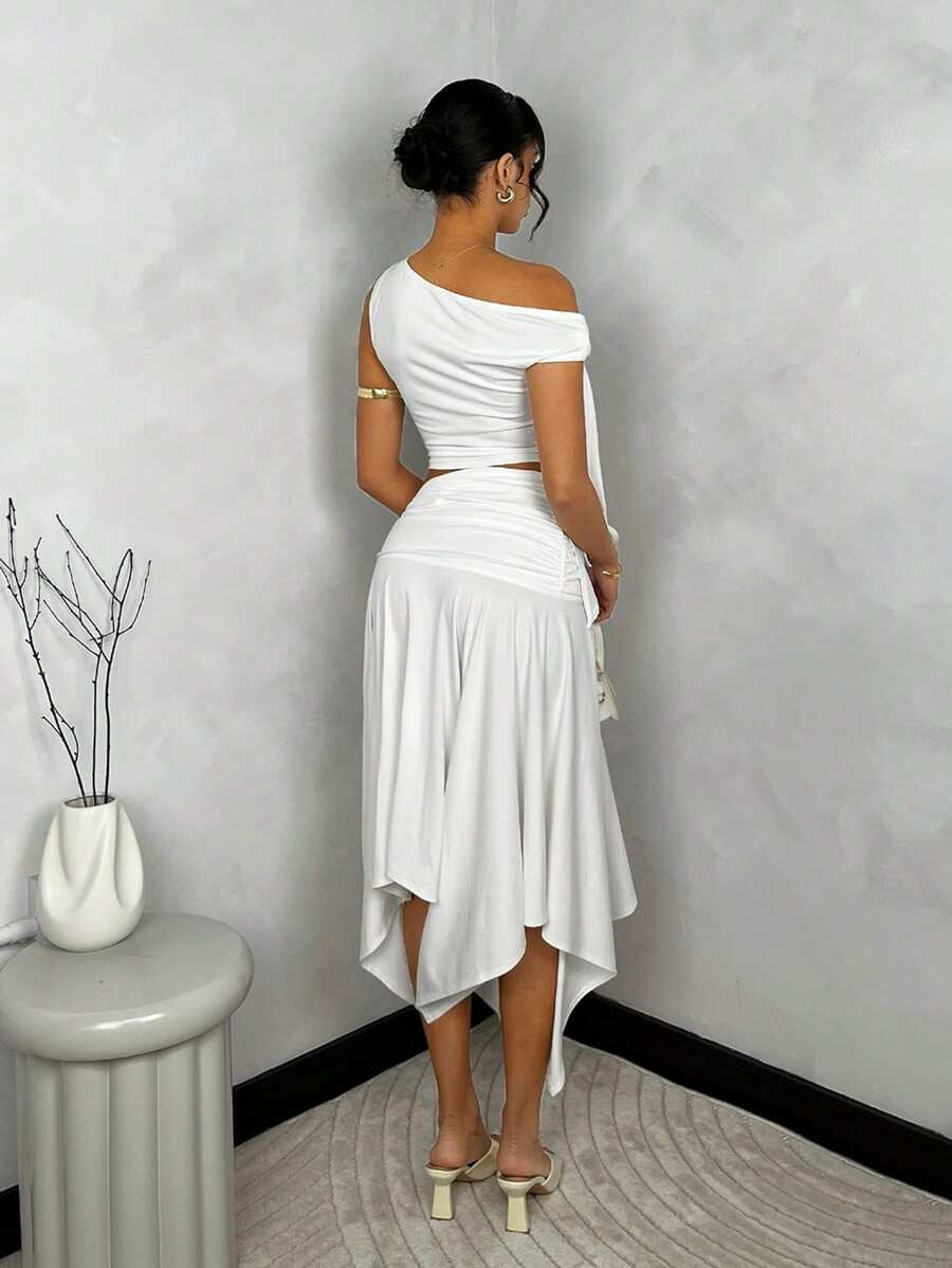 Women's Casual Slash Shoulder Top Slit Skirt Two-Piece Set 4